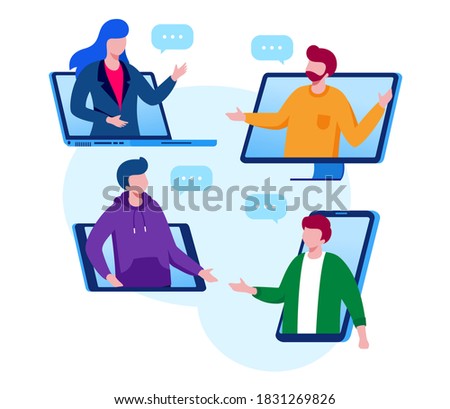 Virtual meeting and meetup group with technology computer, laptop, mobile phone, etc. teleconference flat vector illustration fit for banner, flyer, landing page, etc