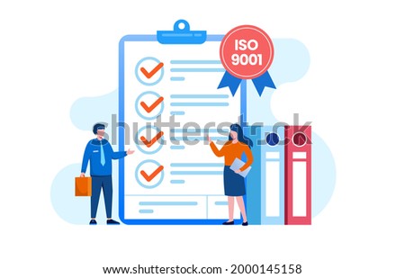 People meeting quality control standards and getting certificate. quality management certification, industry concept. Flat Vector template 

