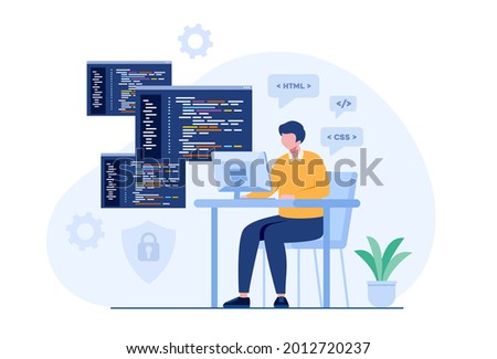 Web development. programming languages. css, html, it, ui. programmer cartoon character developing website, coding. flat illustration banner