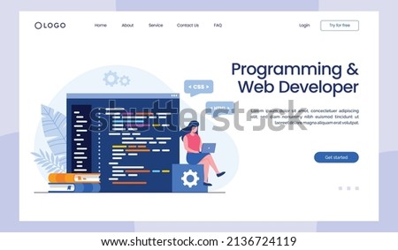 Web development. programming languages. css, html, it, ui. programmer cartoon character developing website, coding. flat illustration banner landing page template