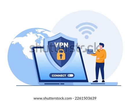 Big shield with VPN software or plugin. App for secure connection, data encryption. Virtual Private Network. Remote server, cloud technology. Flat Vector Illustration