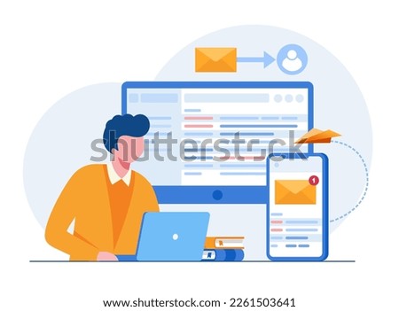 Email and messaging, Man with a laptop, Email marketing campaign,Working process, New email message. Flat design illustration
