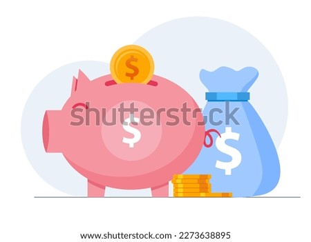 Large piggy bank with business people and golden coin. Financial services, small bankers are engaged in work, saving or save money or open a bank deposit. Vector illustration for web, social media.