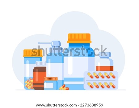 Pharmacy medical drugs, medicine, drugstore, flat vector illustration banner and background landing page