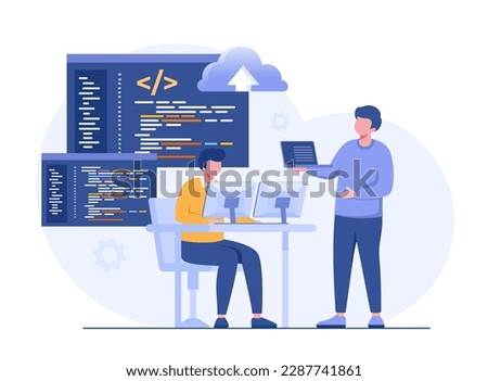 Software development. Web programming languages. css, html, it, ui. programmer cartoon character developing website, coding. flat illustration banner