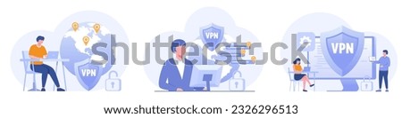 Big shield with VPN software or plugin. App for secure connection, data encryption. Virtual Private Network. Remote server, cloud technology. Flat Vector Illustration