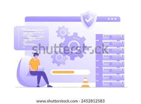 system update, maintenance, loading, installation software, technology, internet, application, flat vector illustration banner background for landing page website