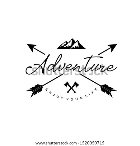 Vintage hipster adventure lettering logo with arrows mountain and crossed ax logo design