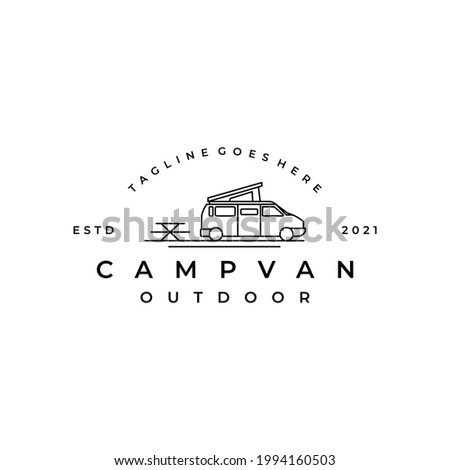 Line art Camper van logo, emblems and badges. camping tent and forest silhouette. Recreational vehicle illustration