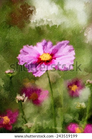 Pink Cosmos Flower oil painting with green blur background.