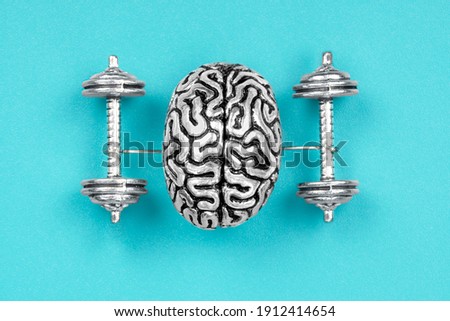 Creative composition made of a steel copy of a human brain lifting dumbbells. The concept of brain exercises to strengthen the mind. Foto d'archivio © 