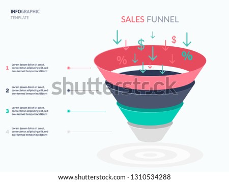 Inverted cone or rounded pyramid consisted of 4 colorful parts, arrows, percent and dollar symbols falling inside it, thin line icons and text boxes. Infographic design template. Vector illustration.