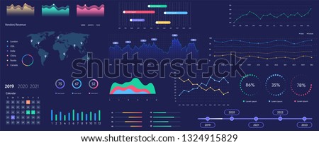 Infographics dashboard. Admin panel interface with color charts, graphs, calendar and charts on a dark background. Web design vector template graphics and charts infographics, vector illustration