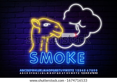 A neon Camel smokes a cigarette. Smoking camel neon. Smoking, healthcare and addiction design. Night bright neon sign, colorful billboard, light banner. Vector illustration in neon style.