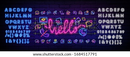 Telephone communication collection of neon signs with the inscription Hello. Telephone signs. Neon sign. Vector