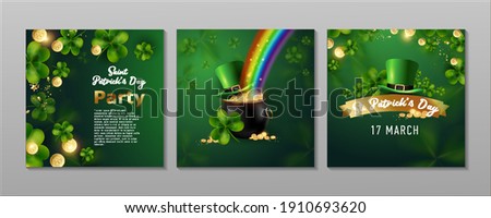St. Patrick's Day set of flyers brochures, invitation to a holiday, corporate holiday. a leprechaun hat, a shamrock, a pot of gold coins, a rainbow, on a dark green background. Vector illustration. Stok fotoğraf © 
