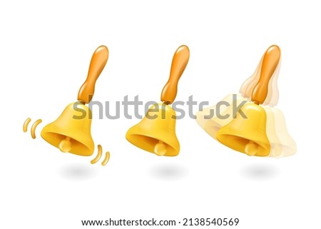 Call notifications. A set of three bell icons for school with a handle. A call for a lesson at school. Realistic 3d object. Isolated on a white background. Vector illustration