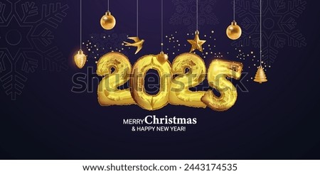 Horizontal Christmas New Year banner 2025 three-dimensional 3d foil figures. Hanging realistic Christmas tree toys. Christmas poster with golden ball, bird, unit, star, holiday banner, flyer,