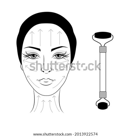 Jade facial massage. Woman face with massage lines. Beautiful woman with jade massage roller. Chinese gouache massage. Flat vector illustration isolated on white background