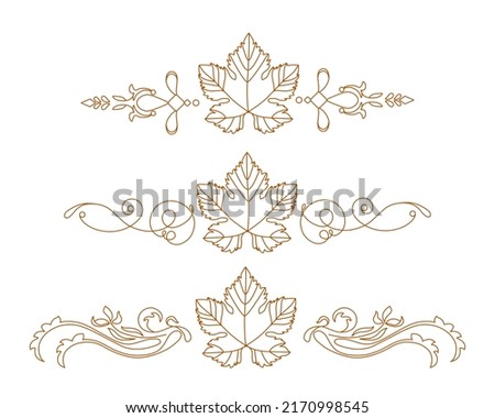 Vine. Vector illustration. Design elements with a twisting vine with leaves and berries. Drawing by hand in the style of line art. Horizontal gold monograms.