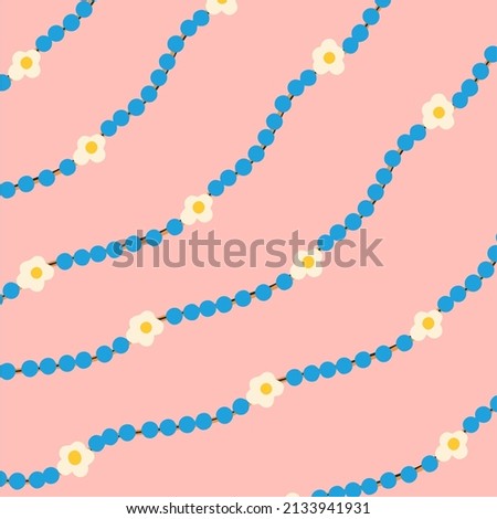 Beads strung on a string, garland, boho style set, necklace isolated on pink background. Flat design, vector illustration, hand drawn cartoon. Imagine de stoc © 