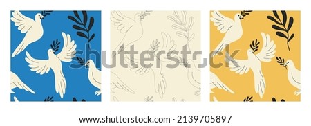 Set of seamless patterns with doves with olive vecta. Colors of the Ukrainian flag. Dove as a symbol of world peace and freedom for Ukraine in wartime.