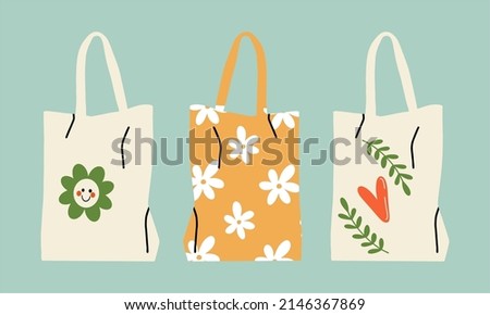 Creative shoppers with various prints. Daisies, flowers, twigs and heart. Cotton bag, eco-friendly consumption. Flat design, hand drawn cartoon, vector illustration.