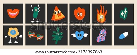 Hand drawn Abstract funny cute comic characters. Big set of colorful vector illustrations, cartoon style, flat design. All elements are isolated. Poster, logo templates.
