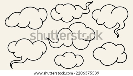 Set of clouds, line drawing, black outline. Flat design, cartoon hand drawn, pop art style.