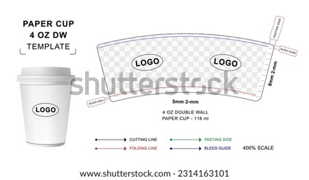 Paper cup die cut template for 4 oz Double Wall, Hot drink paper cup mockup, paper cup curved template