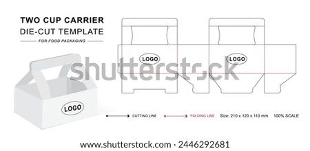 Two cups carrier box with 3D blank vector mockup. Beverage cup holder dieline