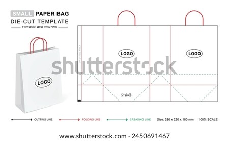 Paper bag small die cut template with 3D blank vector mockup. Shopping bag or Gift bags for retail business