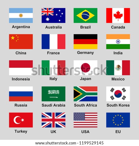 Vector collection set of G20 states (major economies) official flags in 4:3 ratio