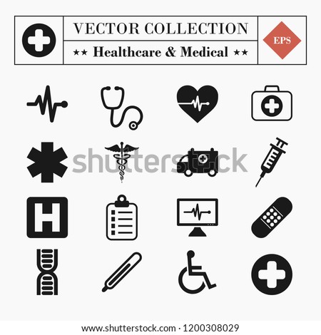 Vector set collection of 16 medical and healthcare related icons isolated on white background