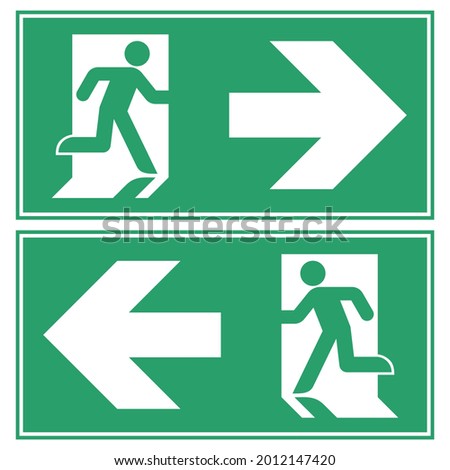 Emergency exit to the left - right sign vector illustration. Green international version of directional evacuation danger signage - High quality editable pictogram