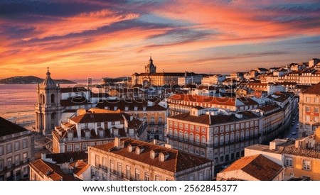 Similar – Image, Stock Photo Scenic sunset over peaceful sea and hilly shores