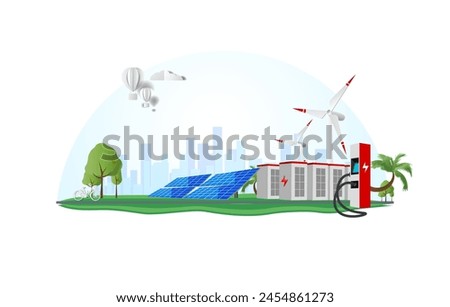 Renewable energy smart power grid system. Flat vector illustration of solar panels, wind turbines, battery storage, high voltage electric power transmission grid and city skyline.