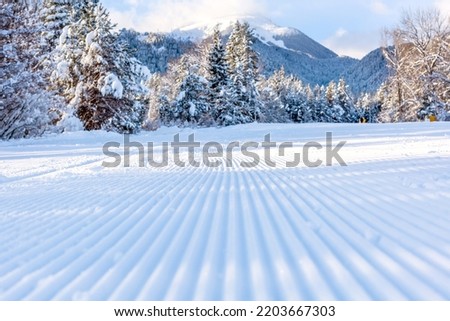 Image, Stock Photo Groomed ski trails for cross-country skiing in winter landscape in valley Studen, Switzerland famous for winter sport. Flat landscape is surrounded by mountains and illuminated by midday sun.