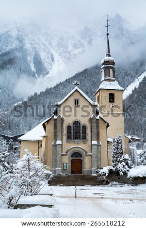 Church in Chamonix town, France, French Alps  in winter