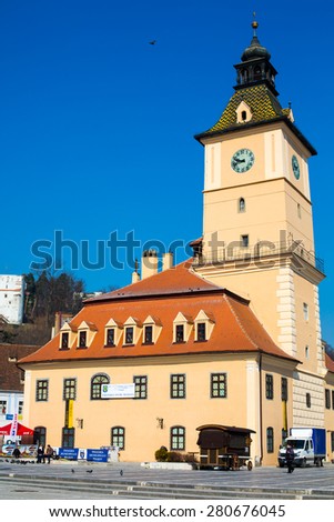 Brasov, Romania - March 25, 2015: The old town hall and the council square, Brasov, Transylvania, Romania