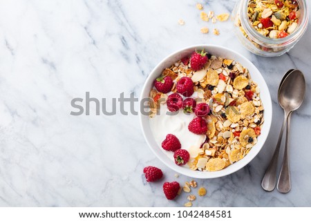 Similar – Foto Bild Frühstück mit Müsli, Beeren und Milch