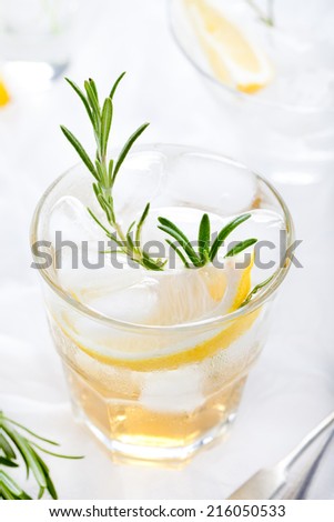 Gin,tonic, lemon, rosemary fizz, cocktail with honey and fresh herbs on a white background.