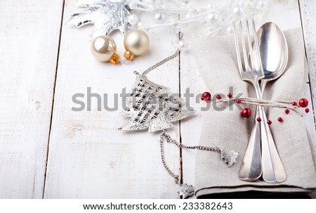 Christmas and New year table place setting with christmas decorations. Copy space.