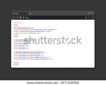 Realistic browser window with css code. Simple html code on web page. Script coding or programming website. Vector