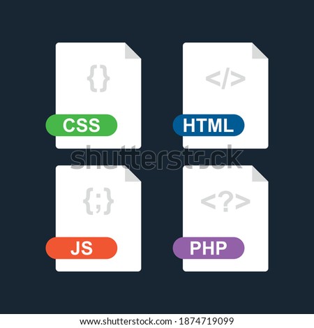 Css, html, js, php. Collection of web development file format flat icon. Vector