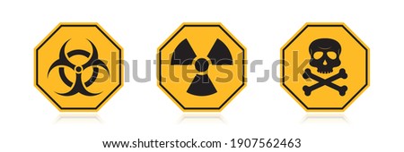 Warning danger yellow sign. Symbol of radiation. Caution toxic biohazard. Octagon shape of sign. Vector