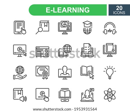 E-learning, online and distance education line icon. Online training, webinar, education, course, elearning, conference, exam. Online education line icons set. Editable stroke. Vector illustration.