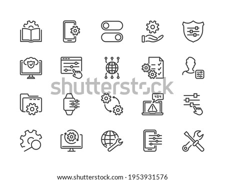 Simple Set of Setup, Repair and Settings. Gear, Screwdriver and Wrench line icons. Tech Support, Settings and Options related Vector line icons set. Editable Stroke. Vector illustration.