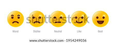 Feedback scale service with emotion icons. User experience rate with feedback scale. Yellow emoji for customer feedback. Worst, dislike, neutral, like, best emotion icons. Vector illustration