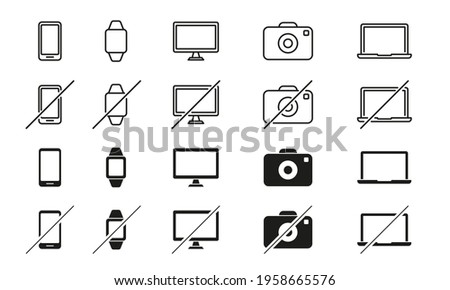 Set of Devices Line Icons. Smartphone, Tablet PC, Laptop, Camera, Smart Watch. Ban of Devices. Device Free Zone, Digital Detox. No or Stop Electronic Equipment. Editable stroke. Vector illustration.